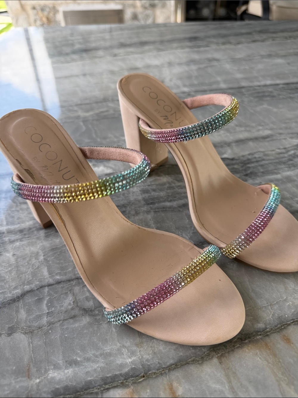 Nude/rainbow size 7 block heel sandals